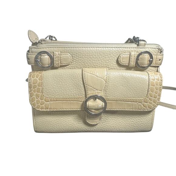 Brighton ALM Lutece Organizer Leather Croc Embossed Crossbody Purse Beige/Cream - Picture 1 of 14